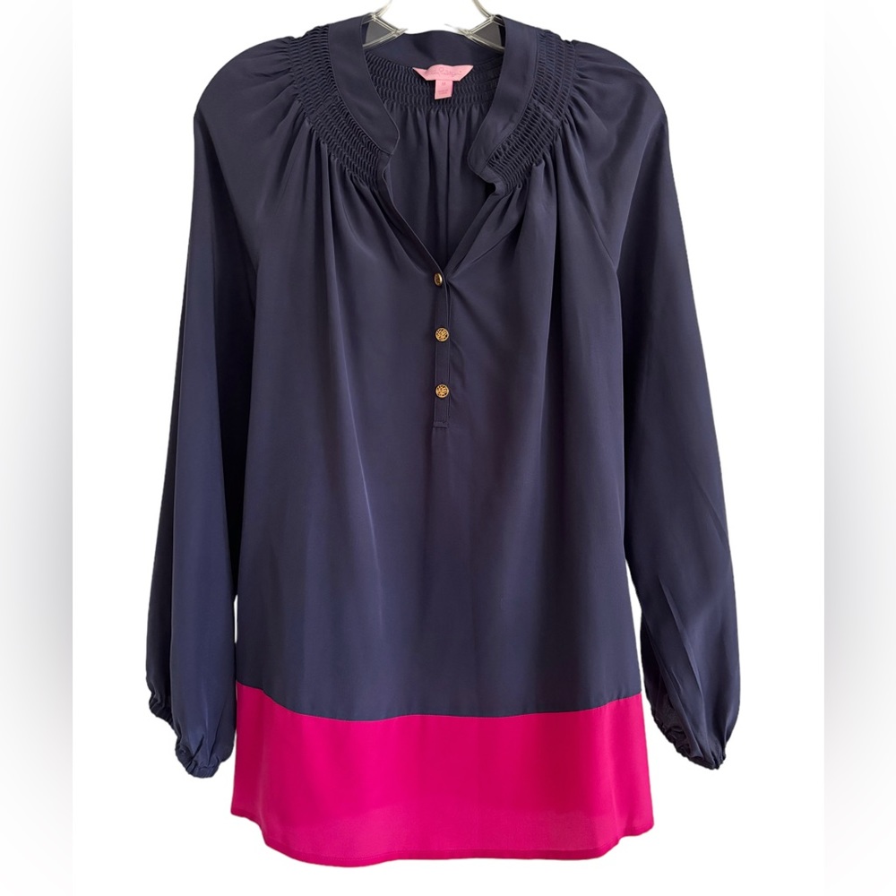 Lilly Pulitzer Elsa Silk Top Navy Blue Pink Color Block L/S Smocked